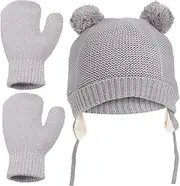 [WRITWAA] Girls Boys Baby Hat and Gloves Winter Warm Fleece Lined Toddler Cap Set Stretchy Mittens Grey