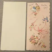 Vintage Unused Scalloped Greeting Card, Pretty Pink With Angel Girl & Bluebird