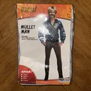 Spirit Halloween Mullet Man Costume Adult Size Large Wig Shirt Mustache Eyebrow