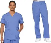 Dickies EDS Signature Men Scrubs Set 81906 V-Neck Top & 81006 Zip Fly Pull-On Pant, Ciel-XL Top / 2XL Pant
