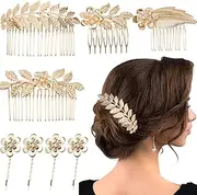 8 Pieces Leaf Hair Side Combs Gold Rhinestone Hair Pins Clips with Teeth Combs for Wedding Hair Accessories for Women, Girls, Bride, Bridesmaid (Gold)