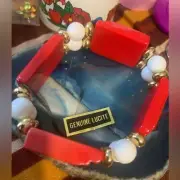 Red and white with gold accent genuine lucite stretch bracelet