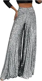 [Generic] Fashion Sequins Flared Pants for Women Sparkly 2025 High Waist Pleated Pants Elegant Cocktail Wide Straight Leg Pants