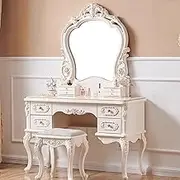 Dressing Table,Vanity Desk with Drawers and Cushioned Stool,Makeup Vanity Table Set with Mirror and Light,European Retro(C)
