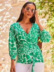 Sosandar Green 3/4 Sleeve Blouson Wrap Sleeve Top (508591) | $61