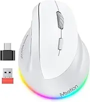 MEETION Ergonomic Mouse, Wireless Vertical Mouse RGB Backlit Rechargeable Mice for Bluetooth(5.2 + 3.0) & USB-A with Type-c Adapter 4 Adjustable DPI Compatible Mac/Windows/Andriod/PC/Tablet/iPad Gray