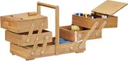 Relaxdays XXL Bamboo Sewing Box, Many Compartments, Foldable, Empty Organizer Basket, HWD 30 x 44 x 22 cm, Natural