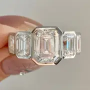 8X6MM Emerald Cut Moissanite Five-Stone Bezel Setting Ring 925 Sterling Silver