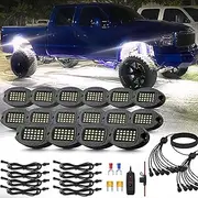 16Pods Pure White LED Rock Lights Kit with Switch Wiring Harness Extension Wire, 6500K 24LEDs Neon Underglow Light Fender Lights Waterproof for Trucks Jeep ATV UTV SUV SXS Off Road