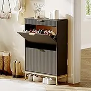 IDEALHOUSE Modern Black Fluted Shoe Storage Cabinet with 2 Flip Drawers & Pull-Out Drawer & Hook, Wooden Slim Shoe Organizer with Metal Legs for Compact Spaces Apartment Entryway