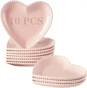 BABALIU 6.3 Inch Porcelain Appetizer Plates Set of 10, Heart Shape Small Dinner Plates, Dessert Salad Plates Serving Dishes for Cake, Snack, Ice Cream, Waffles, Microwave, Oven, Dishwasher Safe, Pink