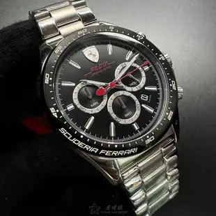 FERRARI手錶,編號FE00079,46mm銀圓形精鋼錶殼,黑色三眼, 中三針顯示, 運動錶面,銀色精鋼錶帶款,巧奪天工之作!