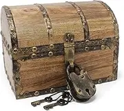 Nautical Cove Antiqued Finished Wood Treasure Chest with Decorative Rivets and Reinforcing Iron Strips with Lock and Skeleton Keys (Small 8x6x6) – Wooden Keepsake Box, Pirate Decor, Storage Chest