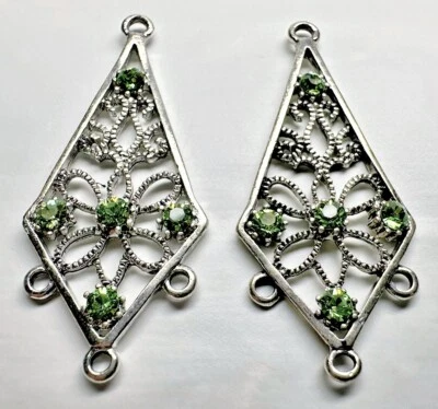 Focal, 2 Antiqued Silver Pewter Earring Kites with Swarovski Peridot Crystals *