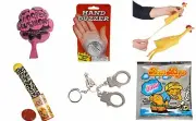 6 TRICKS JOKES GAGS, SNAKE IN NUT CAN, HAND BUZZER, WHOOPEE, RUBBER CHICKEN, ETC