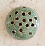 New Studio Stoneware Pottery Flower Frog, 16 Holes, Muted Green Glaze
