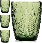 Vintage Drinking Glasses Set Of 4-10 oz Textured Green Glass Cups, Cute Green Glassware for Home & Bar, Retro Style Embossed Drinkware, Unique Decorative Cocktail Cup Sets - Heavy Duty & Durable