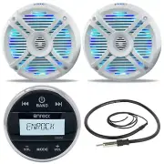 Marine Round Bluetooth AM FM Radio, Antenna, 2 LED 6.5" Marine Speakers & Remote