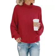 Womens Turtleneck Oversized Sweaters Batwing Long Sleeve Pullover Loose Chunky Knit Jumper- Wine Red