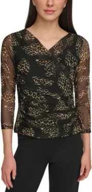 DKNY Black Leopard Print Mesh Top - Women's Blouse - Size S