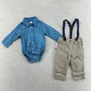 Carters Boys 12 Mth Blue Buffalo Plaid Button Up 1-Pc Khaki Pants Suspenders Set