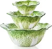 KXZ Green Cabbage Serving Bowl Set of 3 for Kitchen - Extra Large 60oz, 16oz, 5oz Nesting Mixing Bowls, Porcelain Dishes for Salad, Entertaining, Fruit, Vintage, Decorative, Ceramic Pho Soup Tureen