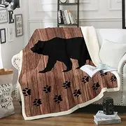 Black Bear Throw Blanket Queen 90"X90",Rustic Brown Farmhouse Wooden Board Fleece Bed Blanket Countryside Woodland Animal Lightweight Sherpa Blankets for Sofa Couch,Bear Paws Decor Warm Soft Cozy