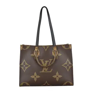 LV 45321 ONTHEGO MM花紋LOGO撞色設計Monogram Reverse帆布釦式手提肩背包(咖啡x淺咖啡)