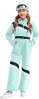 [Hedmy] Kids Girls Snowsuits Ski Suits One Piece Coveralls Snowboarding Long Sleeve Hooded Jumpsuit with Belt
