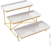Top G 3 Tier Serving Tray with Stand,Cake Stands Porcelain Tiered Serving Platters Dishes with Collapsible Sturdier Rack, Dessert Display Stand for Party Entertaining, Food Presentation, Gold,12inch