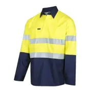 Hi Vis Taped Closed Front Long Sleeve Yellow & Navy Cotton Shirt - XS