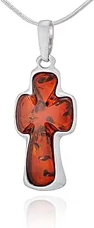 [AMBEDORA] Amber Cross Necklace, 925 Sterling Silver, Cognac Baltic Amber, Pendant Cross Amber R with Chain, Original Gift Idea, Sterling Silver, Amber