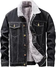 [JEShifangjiusu] Mens Flannel Lined Denim Jacket Slim Fit Vintage Duty Jacket Classic Long Sleeve Trucker Jacket, Black 2, 3XL
