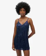 Fringe V Neck Cami Mini Dress | Navy Sequin