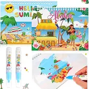 Funrous 2 Pack Summer Water Coloring Books, Reusable Magic Water Books with Pens, Mess Free Coloring Set, Educational Learning Gifts for Summer Hawaiian Tiki Pool Party Activities