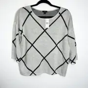 Ann Taylor Sweater Women XS Gray Black Argyle Crew Knit 3/4 Sleeve Boxy Top B26