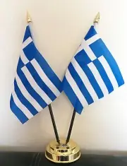 GREECE X2 TABLE FLAG SET 2 flags plus GOLDEN BASE GREEK