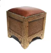 Footstool Handmade Carved Wood Brown Leather Top Vanity Stool Moroccan