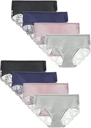 [LIQQY] Women's Cotton Underwear Cotton Hipster Brief Mid Rise Full Coverage Briefs Lace Panties Pack of 8