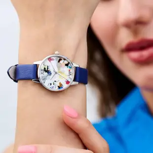 【Olivia Burton】POP ART-鋼色殼太陽紋彩屑彩繪銀面藍色ECO帶腕錶搭鋼色米蘭帶組-30mm(OBGSET151)