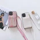 For iPhone Samsung Crossbody Strap Weave Card Wallet Back Case Phone Cover Stand