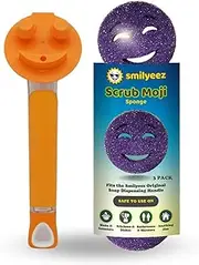 The Original Smiling Sponge Handle Soap Dispensing Handle by Smilyeez - (Orange) & 3 Purple Scrub Moji Sponges