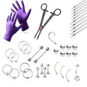 38-Piece Professional Piercing Kit - Lip, Nipple, Belly, Eyebrow, Tongue, Ear