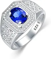 [PYTALI] Round Sapphire Gemstone Ring for Men Sterling Silver White Gold Plated Men's Ring Vintage Retro Jewelry
