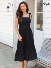 Pour Moi Black Laura Jersey Tie Strap Tiered Midi Dress (U75837) | $104