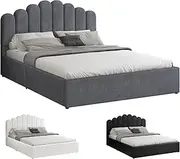ALFORDSON Bed Frame with Gas Lift Storage Base Double Size, Bed Platform Foundation with Linen Fabric Upholstered Tufted Headboard for Mattress Topper, Milton Fabric Grey