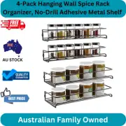 4-Pack Hanging Wall Spice Rack Organizer, No-Drill Adhesive Metal Shelf with Hoo