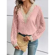 Women's Blouse Dressy Tops Elegant Stylish Solid Color Lace Flutter Sleeve Long Sleeve Regular Tops V Neck Party Daily Black Pink Beige Summer Spring Fall