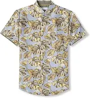 [Hat and Beyond] Mens Casual Hawaiian Flower Beach Pattern Vacation Button Up Bohemian Dry Fit Bowling Shirts (Small, 1vw7006_PowderBlue/Militarygreen/Plants)
