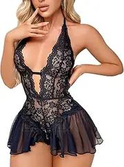 [ZPLxi] Women Lingerie Lace Babydoll Strap Chemise Halter Deep V Front Closure Backless Bow Tie Floral Bodysuit Teddy Sleepwear